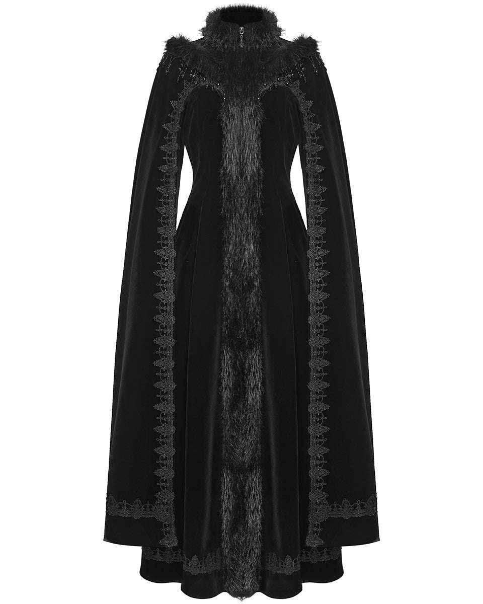 WY-1811DPF Womens Long Elegant Gothic Velvet & Faux Fur Beaded Cloak Coat