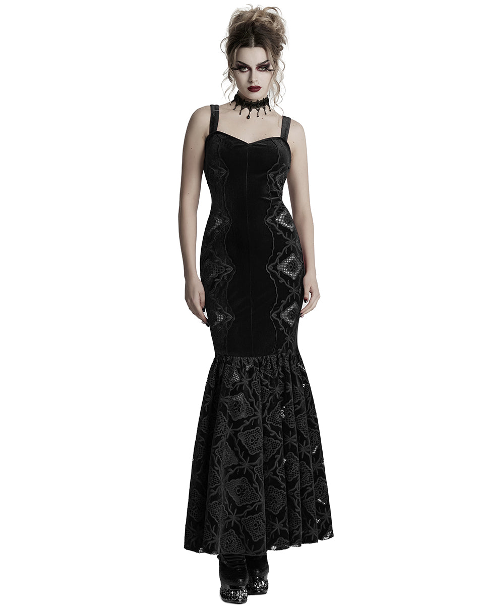 WQ-837LQF Womens Long Gothic Velvet Lace Applique Cutout Dress - Black