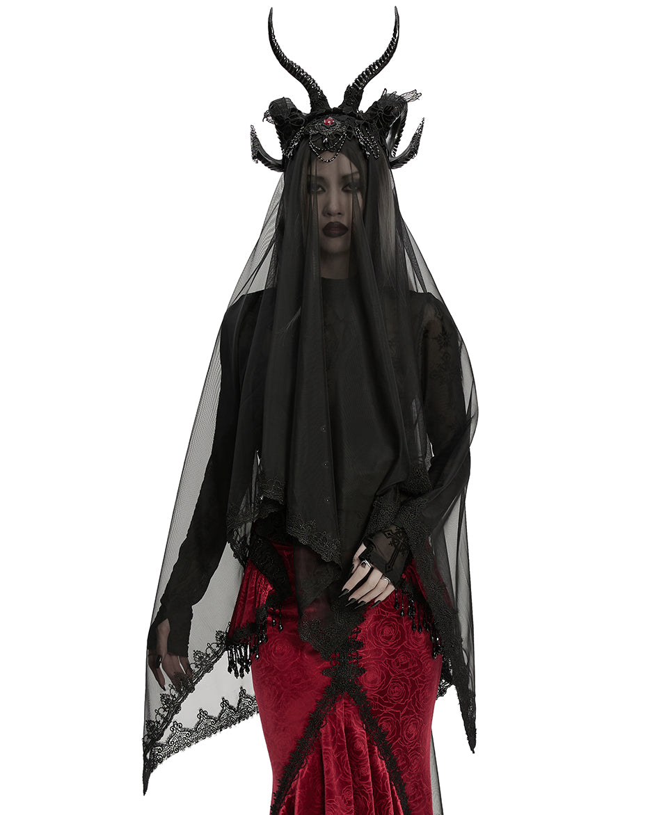 WS-833FSF Womens Dark Gothic Beaded Demon Horns 2-Piece Mesh Veil