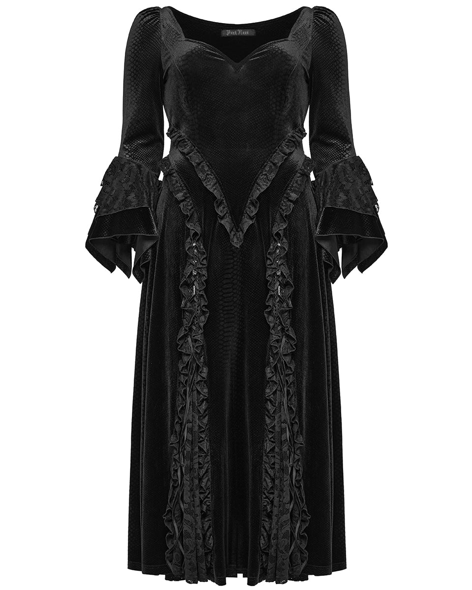 DQ-722LQF Plus Size Womens Gothic Embossed Velvet & Lace Courtesan Maxi Dress