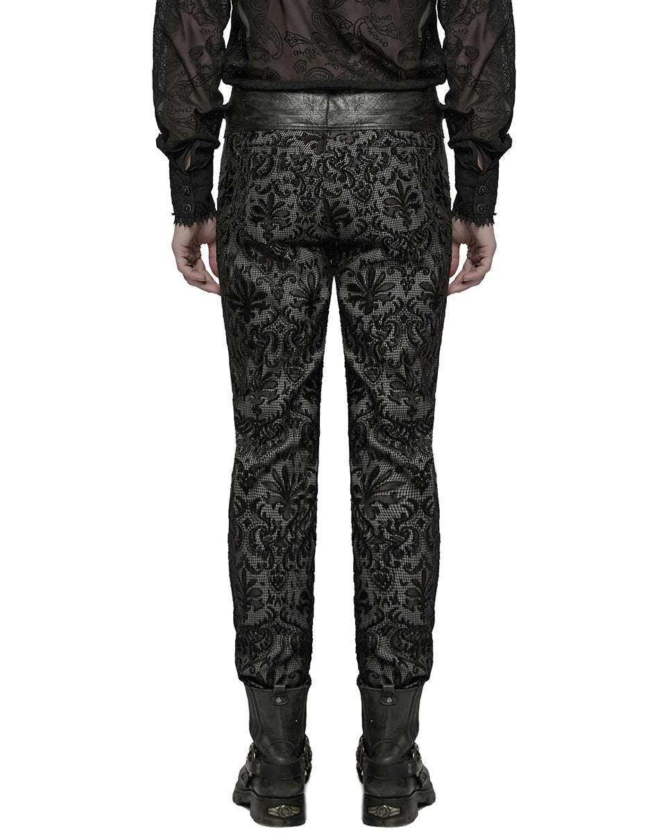 WK-725XCM-BKWHM Mens Gothic Aristocrat Embroidered Damask Houndstooth Dress Pants