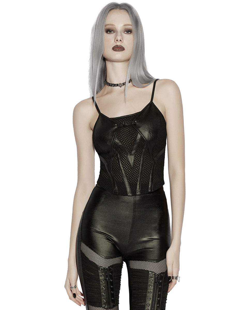 PR-OT-1070DDF-BKF Daily Life Womens Cyberpunk Faux Leather & Mesh Skull Camisole Vest Top