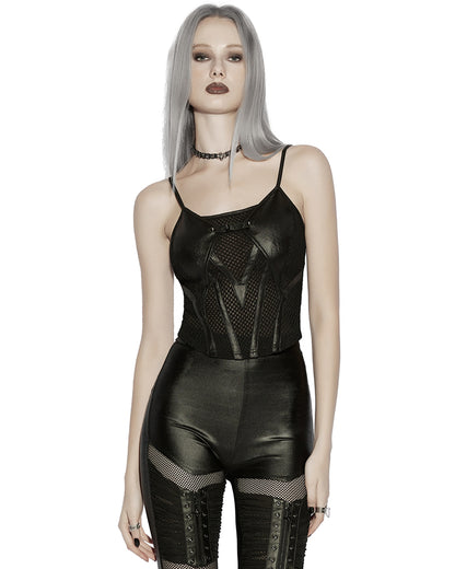 PR-OT-1070DDF-BKF Daily Life Womens Cyberpunk Faux Leather & Mesh Skull Camisole Vest Top