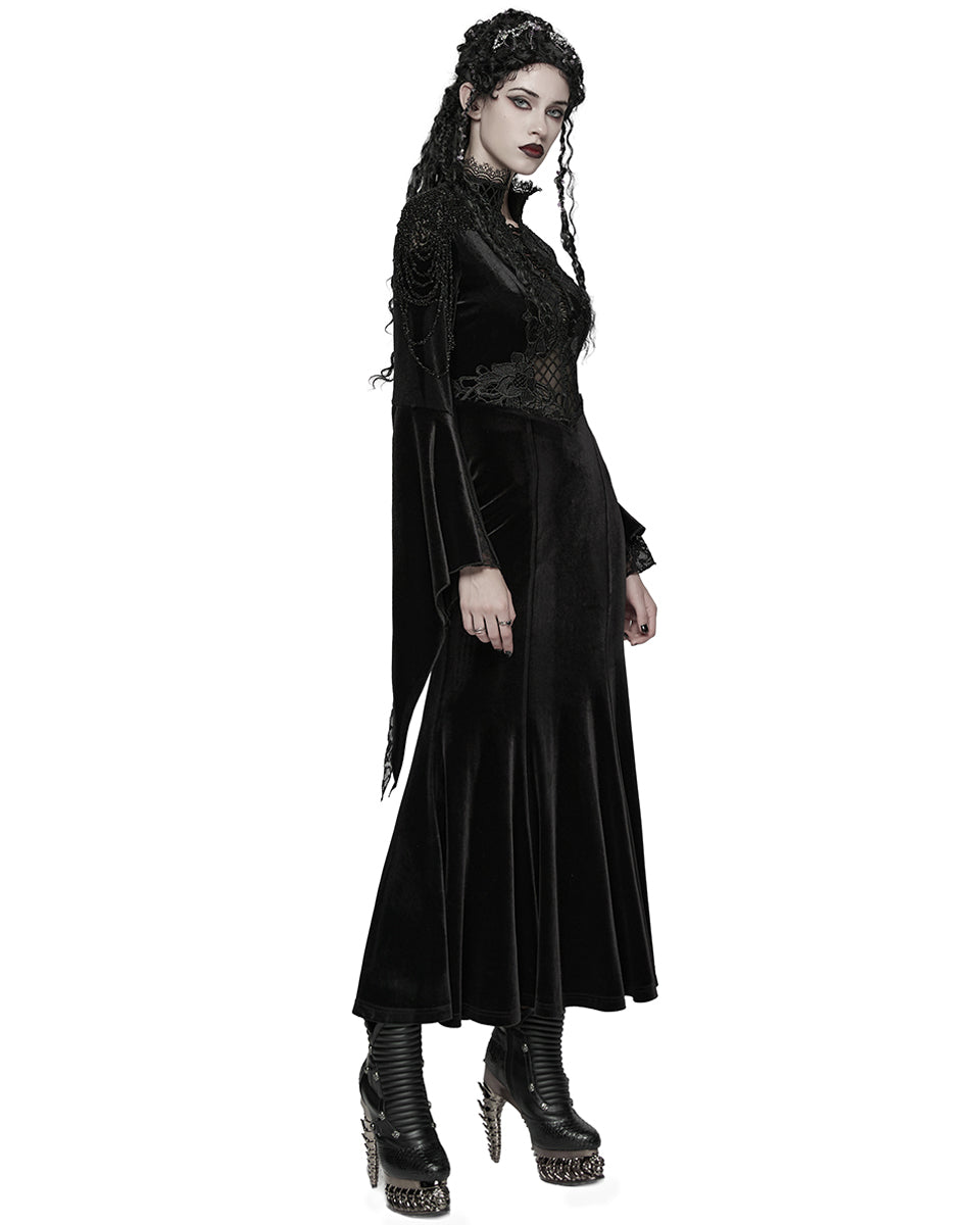 WQ-898LQF Womens Long Gothic Velvet & Lace Beaded & Embroidered Maxi Dress