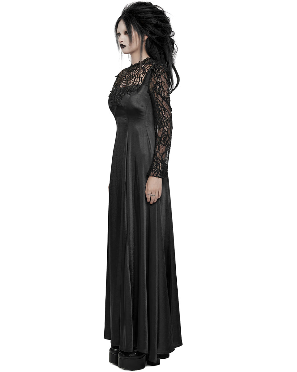 WQ-748LQF Womens Long Gothic Sateen Maxi Dress With Embroidered Lace Contrast