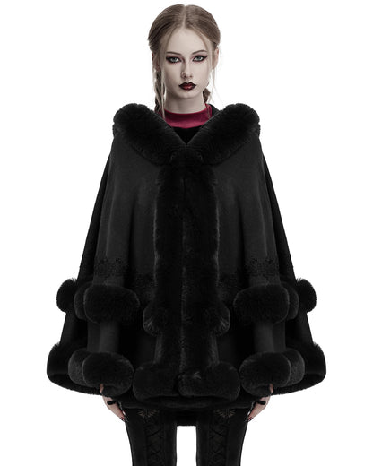 OM-092HMF Daily Life Womens Plush & Faux Fur Hooded Winter Cloak - Black