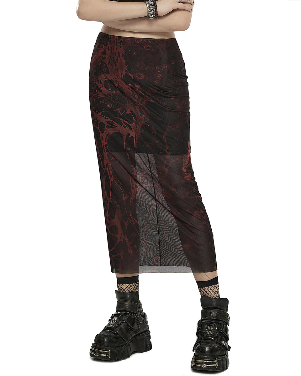 OPQ-1401 Daily Life Womens Cyberpunk Layered Gauze Midi Skirt - Black & Red