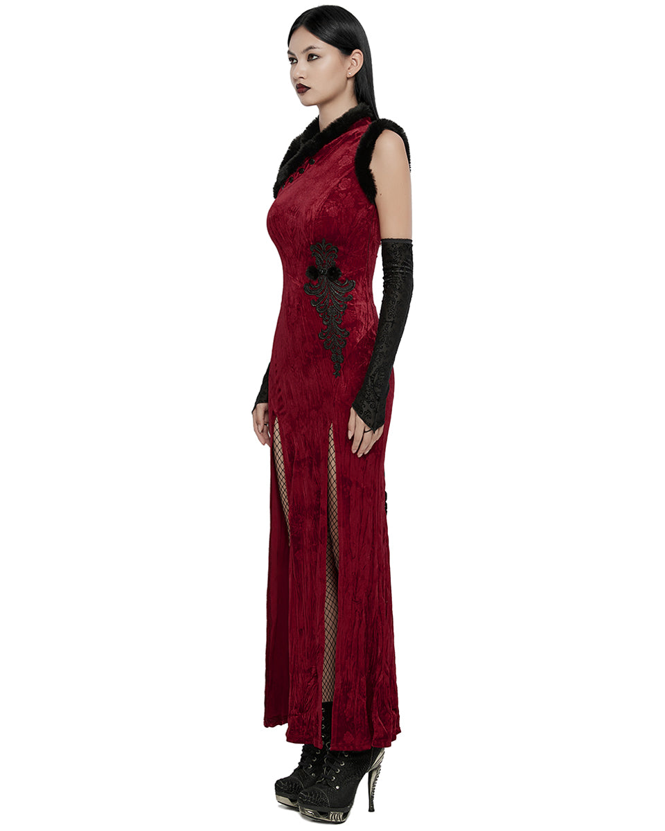 WQ-756LQF Womens Gothic Embossed Rose Velvet & Faux Fur Cheongsam Dress - Red