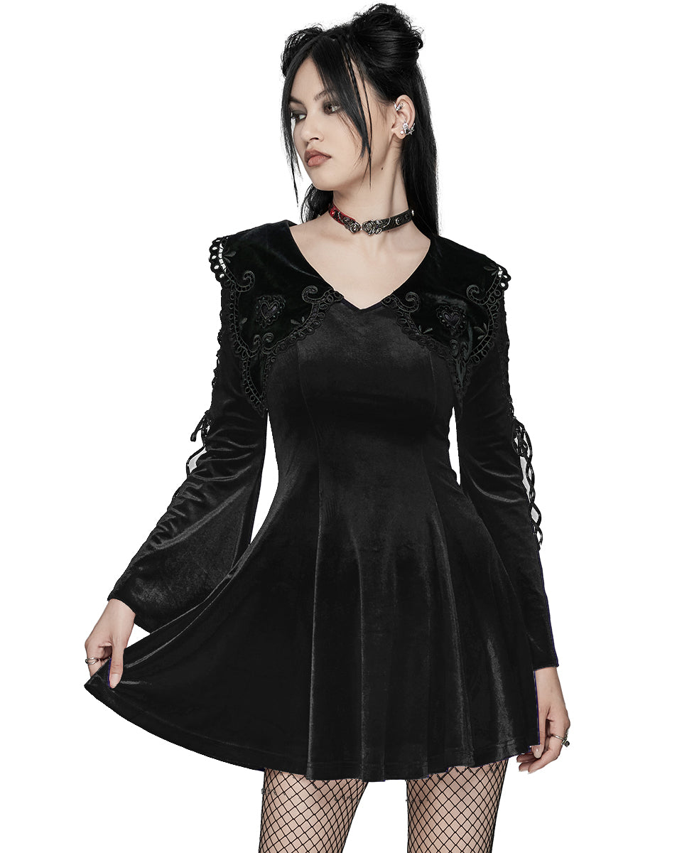 WQ-770DQF Womens Gothic Velvet Mini Dress With Oversize Embellished Collar - Black