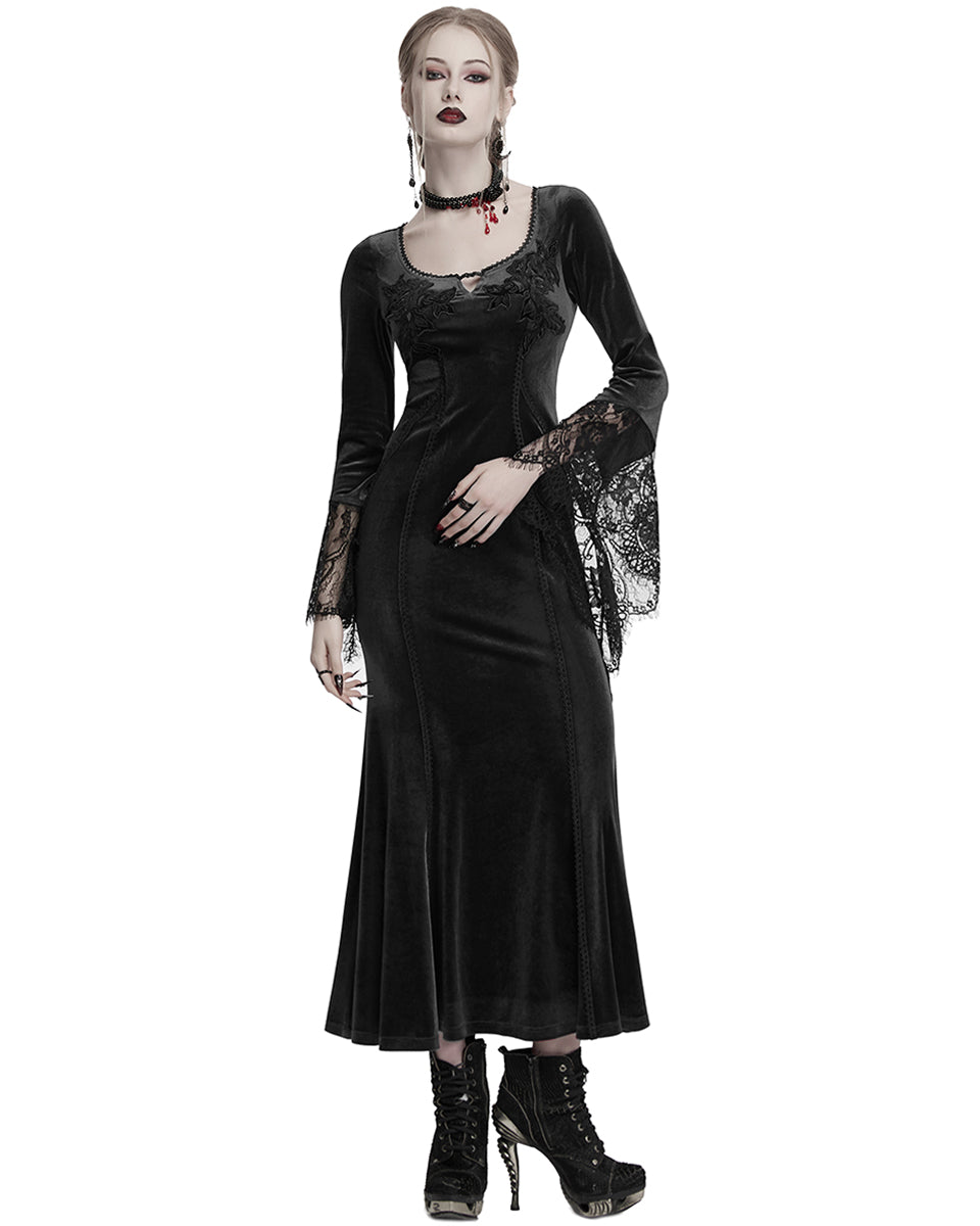 OQ-850LQF Daily Life Womens Long Gothic Velvet Applique Maxi Dress - Black