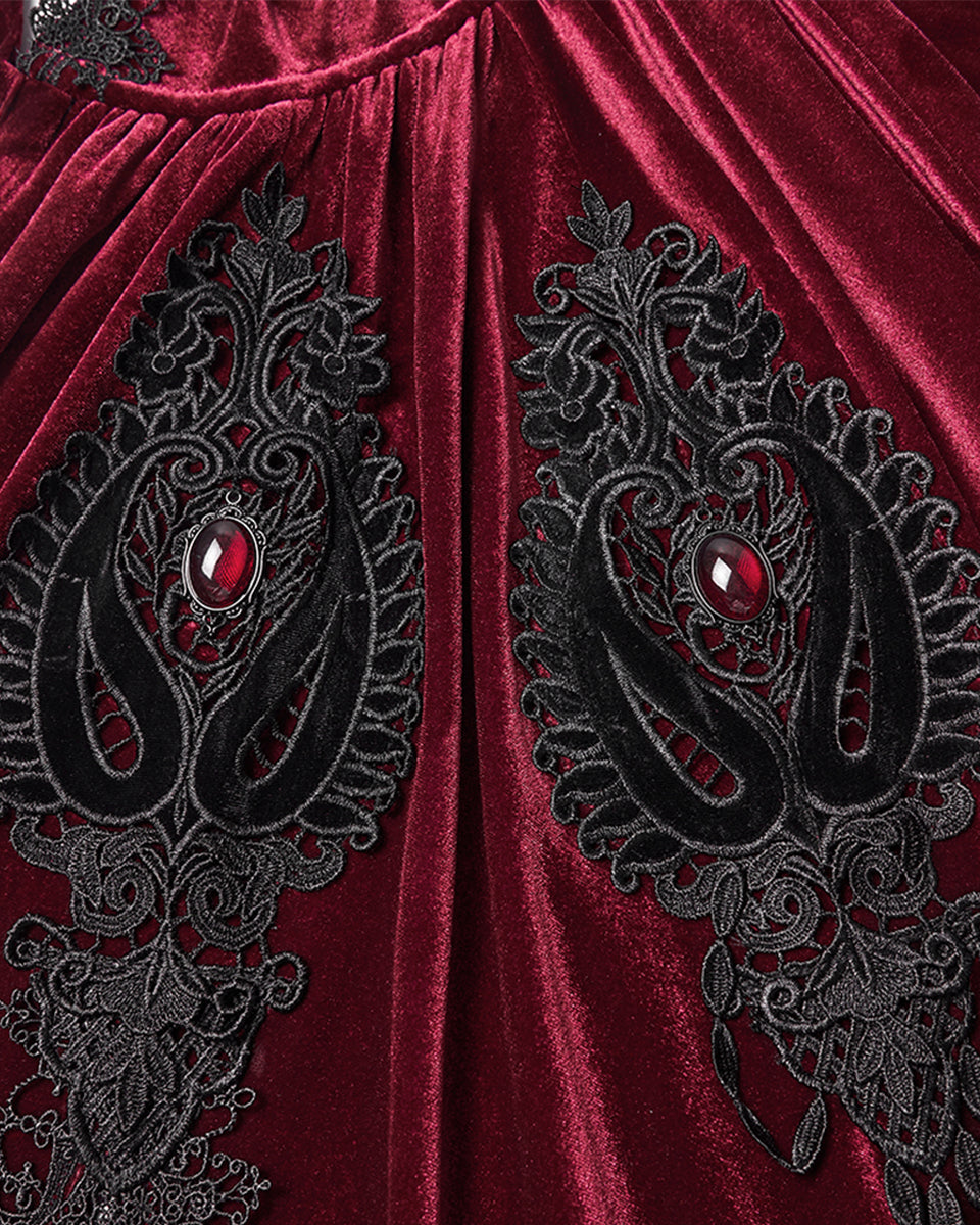 WY-1824DPF Womens Long Gothic Velvet & Lace Applique Hooded Cloak - Red & Black