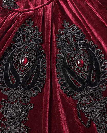 WY-1824DPF Womens Long Gothic Velvet & Lace Applique Hooded Cloak - Red & Black