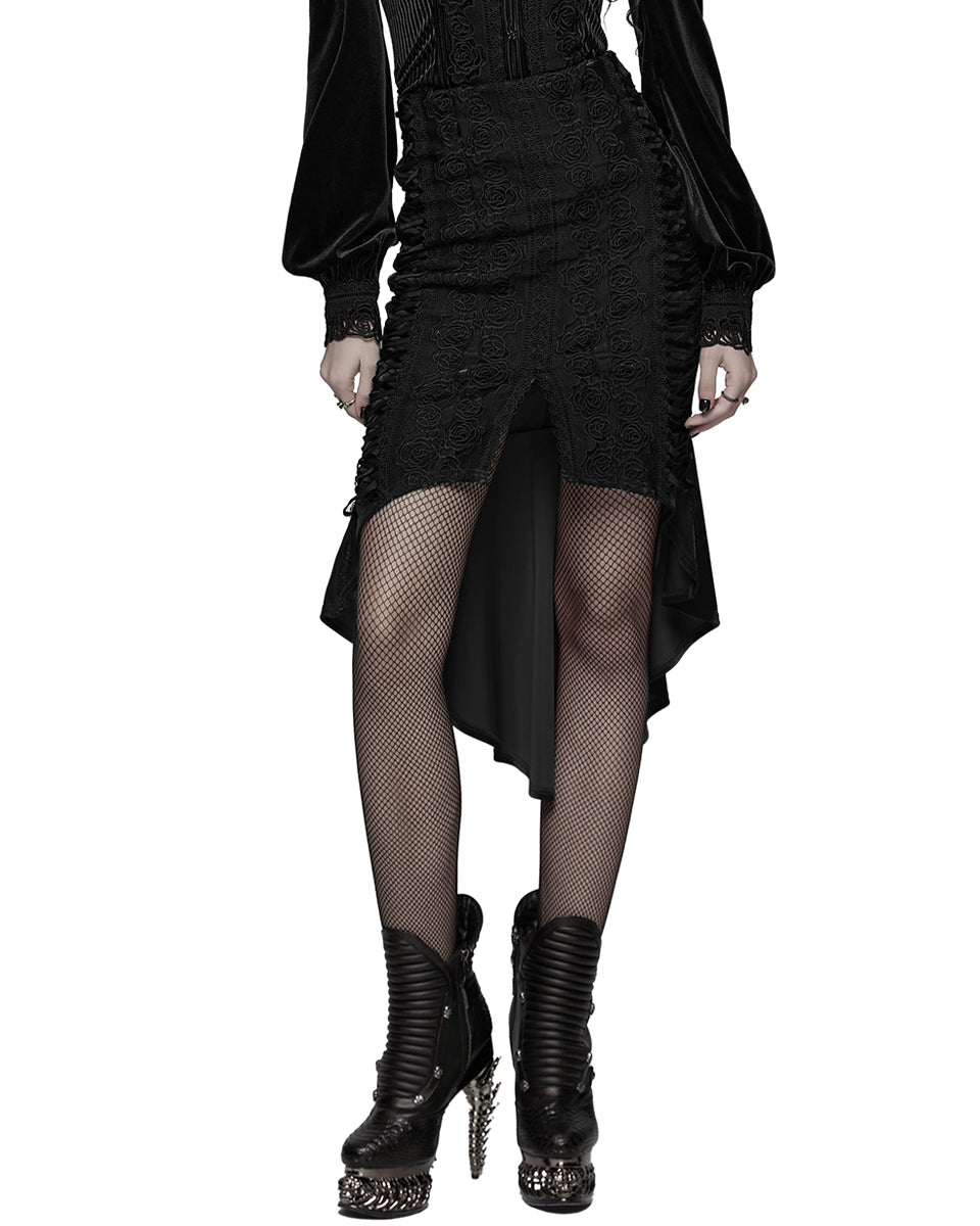 WQ-876BQF Womens Baroque Gothic Rose Embroidered Velvet Fishtail Skirt - Black