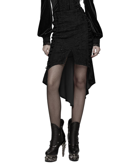 WQ-876BQF Womens Baroque Gothic Rose Embroidered Velvet Fishtail Skirt - Black