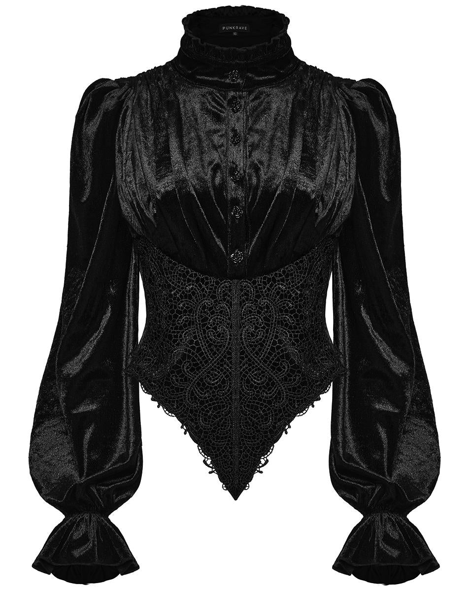 WY-1636CCF Womens Victorian Gothic Velvet Blouse Top With Lace Contrast