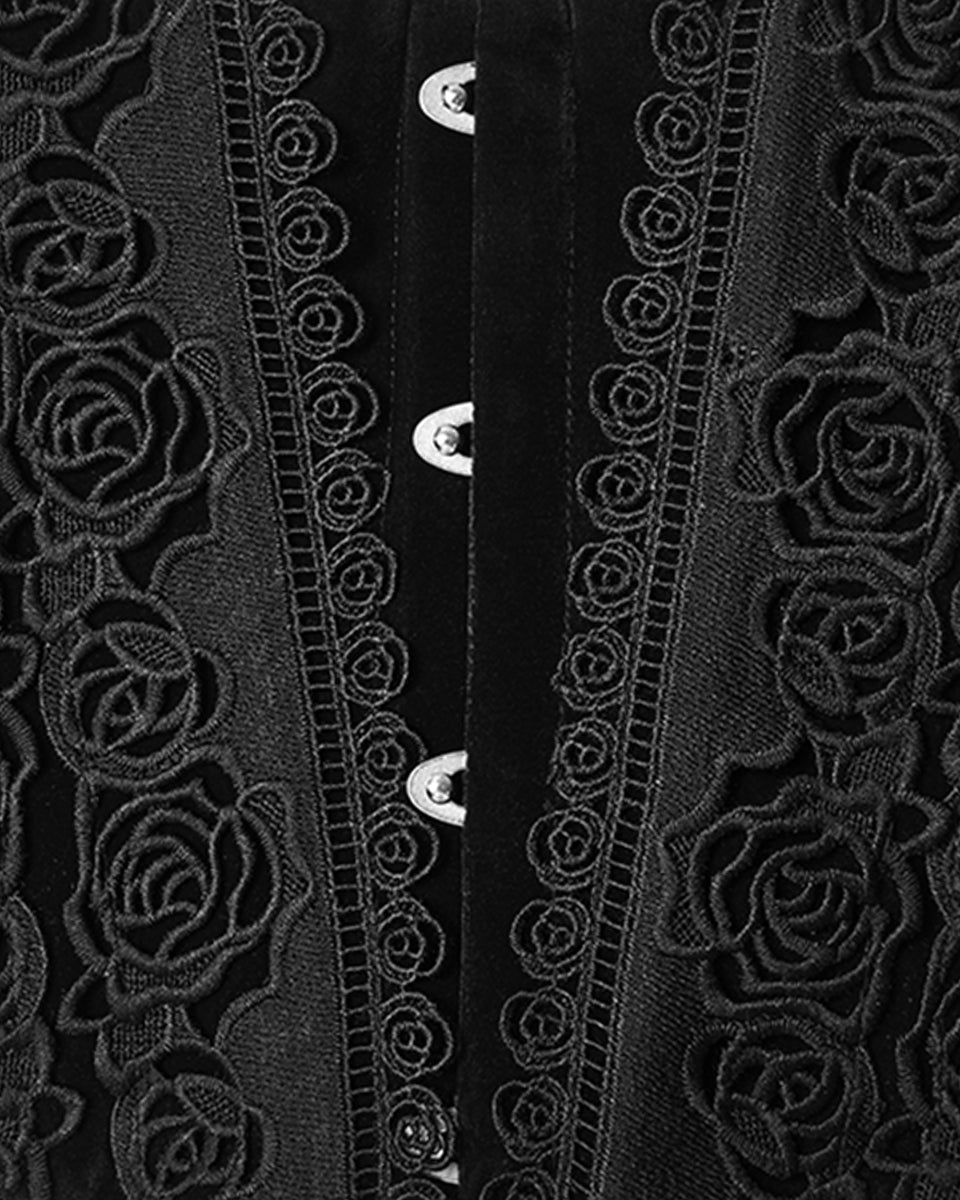 WS-790YDF Womens Baroque Gothic Rose Embroidered Velvet Cincher Corset - Black