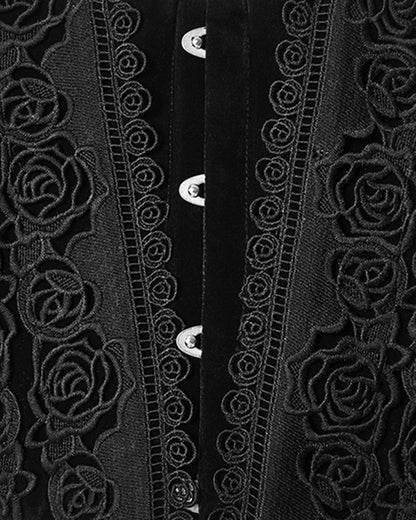 WS-790YDF Womens Baroque Gothic Rose Embroidered Velvet Cincher Corset - Black