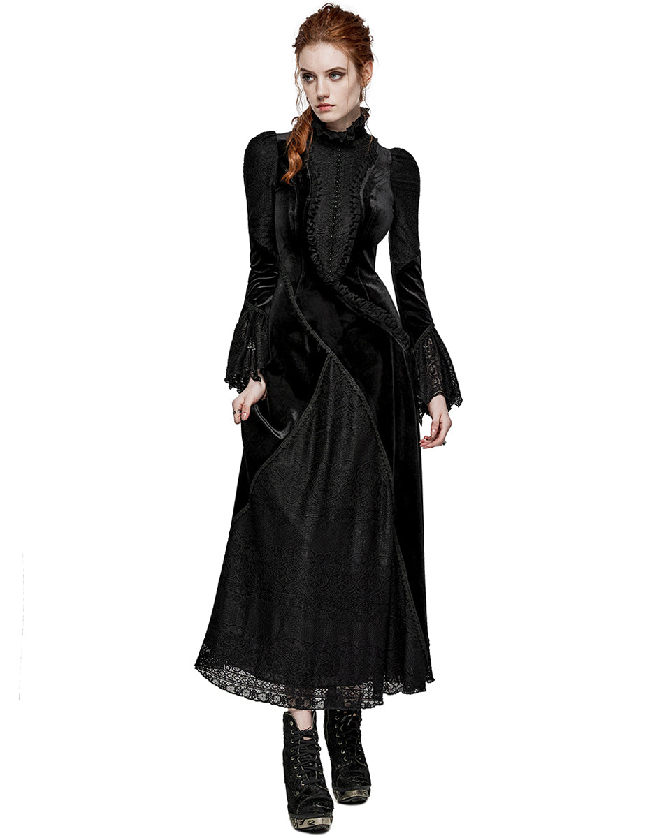 PR-WQ-661LQF-BKF Womens Victorian Gothic Velvet & Lace Mourning Dress