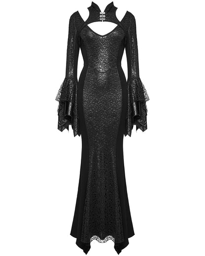 WQ-772LQF Womens Long Gothic Fitted Maxi Dress With Mesh Contrast - Black