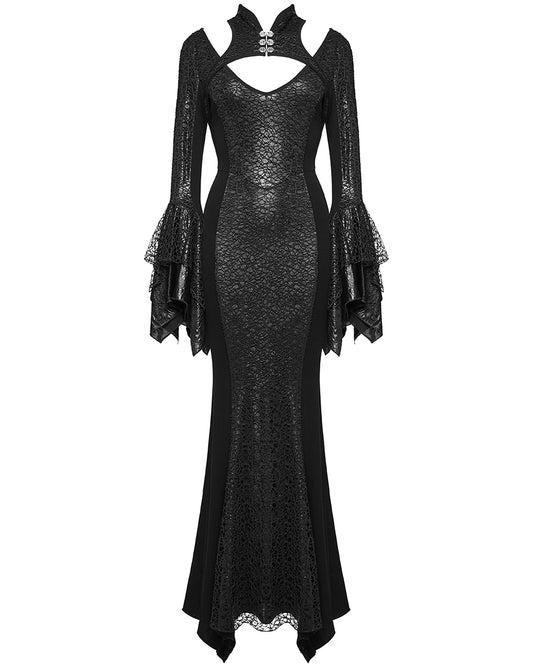 WQ-772LQF Womens Long Gothic Fitted Maxi Dress With Mesh Contrast - Black