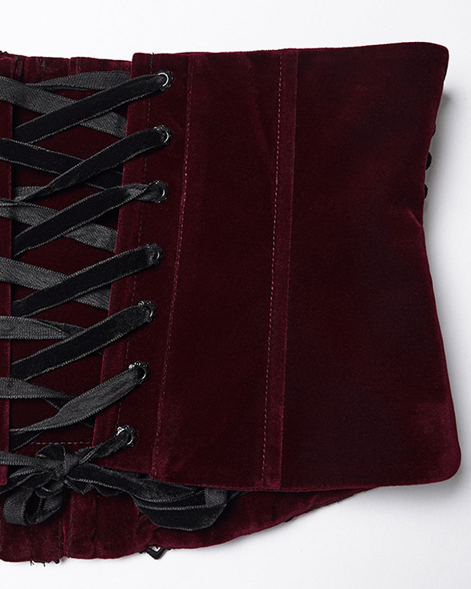 WS-790YDF Womens Baroque Gothic Rose Embroidered Velvet Cincher Corset - Red & Black