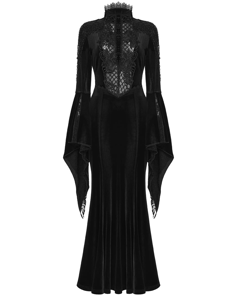 WQ-898LQF Womens Long Gothic Velvet & Lace Beaded & Embroidered Maxi Dress