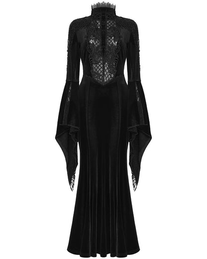 WQ-898LQF Womens Long Gothic Velvet & Lace Beaded & Embroidered Maxi Dress