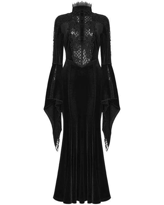 WQ-898LQF Womens Long Gothic Velvet & Lace Beaded & Embroidered Maxi Dress