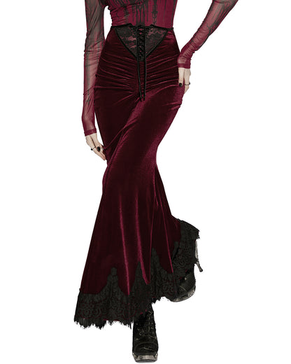 PR-OQ-844BQF-RDF Daily Life Womens Long Gothic Velvet Ruched Split Waist Skirt - Red