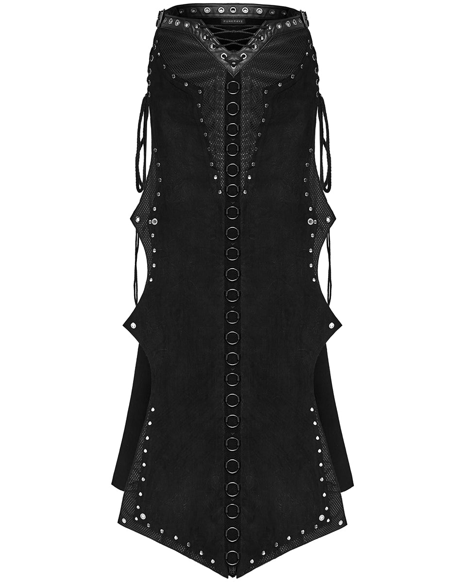 WQ-711BQF-BKF Long Apocalyptic CyberPunk Studded Side-Split Lacing Skirt