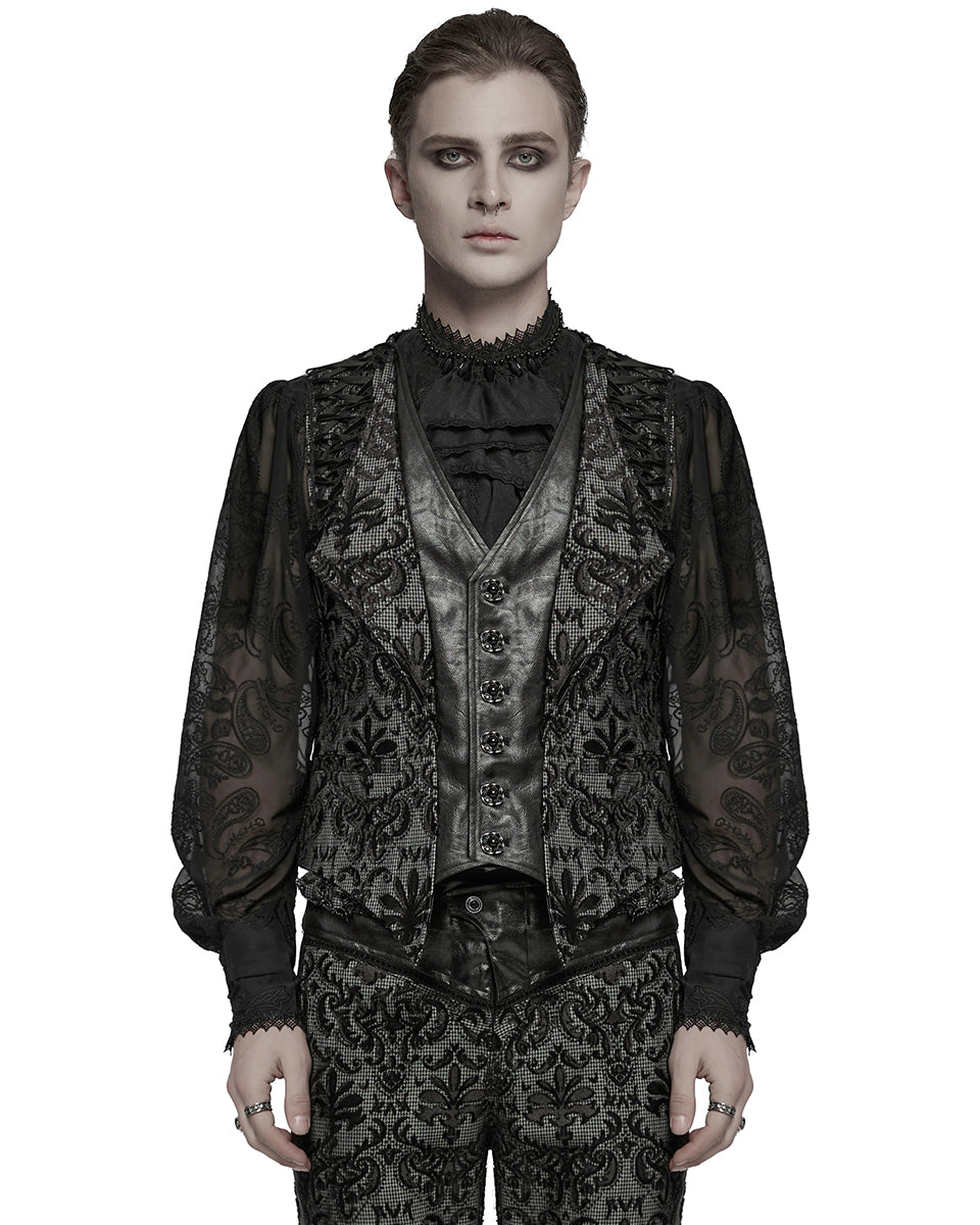 WY-1793MJM-BK-WHM Mens Gothic Aristocrat Houndstooth Damask Waistcoat Vest - Black & White
