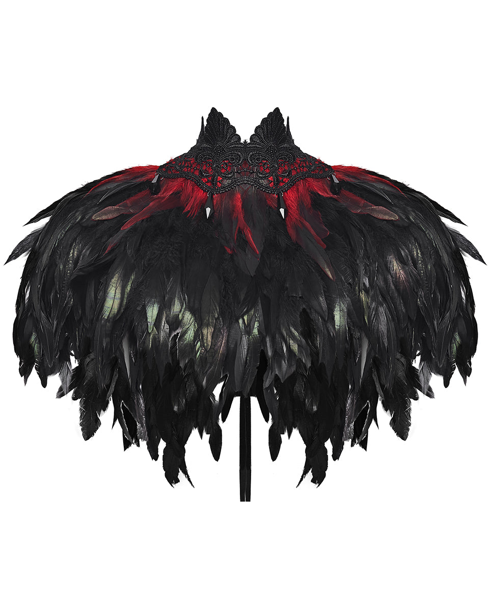 WS-807QTF Womens Gothic Burlesque Feathered Shawl Cape - Black & Red