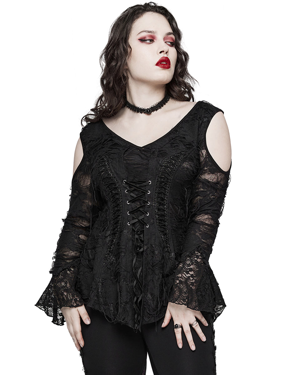 PR-DT-796TCF-BKF Plus Size Womens Apocalyptic Gothic Lace-Up Tunic Top