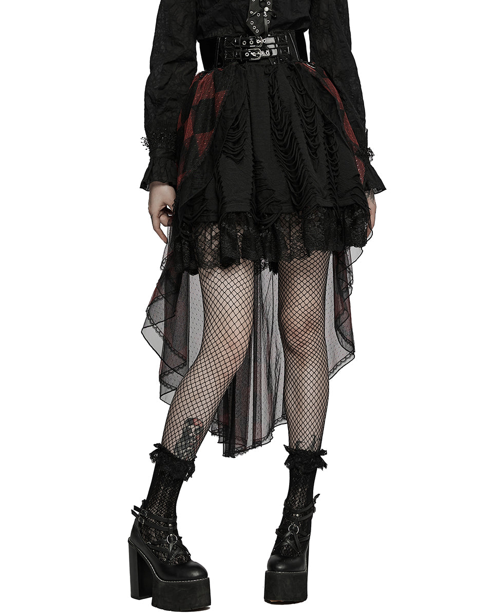 PR-LQ103-BKPRFPyon Pyon Womens Gothic Lolita Sheer Mesh Half-Skirt - Black & Red Check