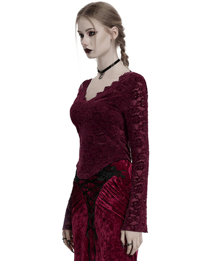OT-1014TCF-RDF Womens Elegant Floral Lace V-Neck Top - Red
