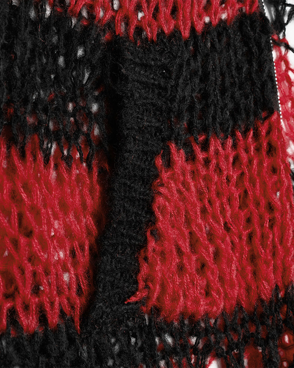 PR-WM-077KMF-RDF Womens Gothic Striped Shredded Cardigan Sweater - Red & Black