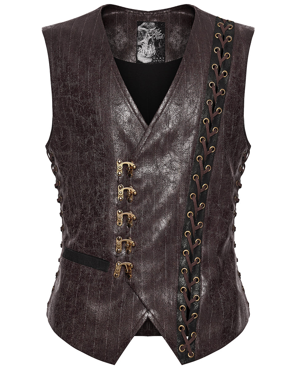 PR-WY-1935MJM-COM Mens Vintage Steampunk Asymmetric Lacing Waistcoat Vest - Brown Pinstripe