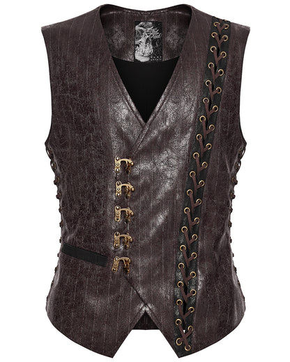 PR-WY-1935MJM-COM Mens Vintage Steampunk Asymmetric Lacing Waistcoat Vest - Brown Pinstripe