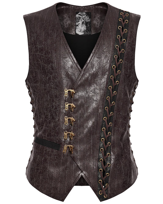 PR-WY-1935MJM-COM Mens Vintage Steampunk Asymmetric Lacing Waistcoat Vest - Brown Pinstripe