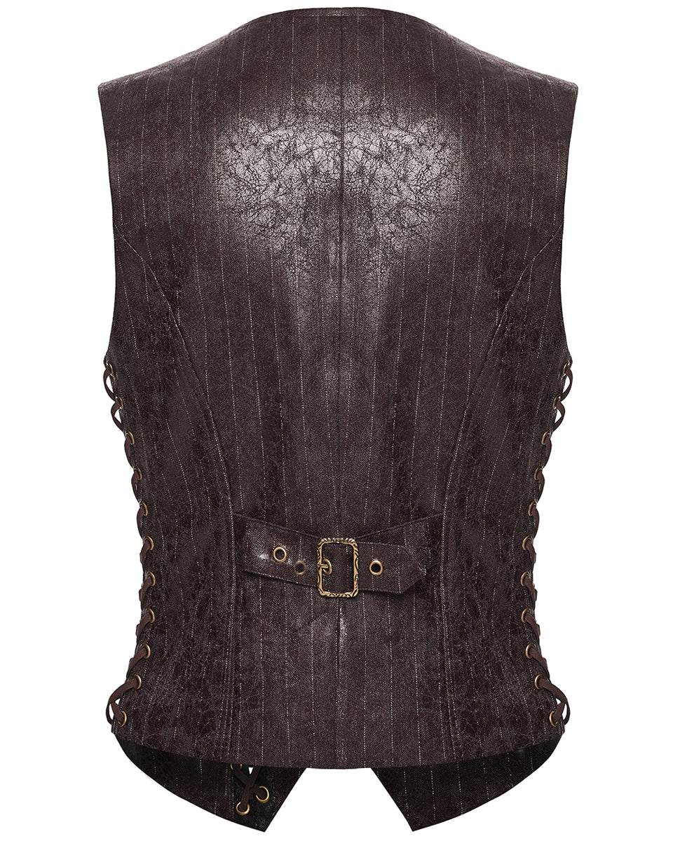 PR-WY-1935MJM-COM Mens Vintage Steampunk Asymmetric Lacing Waistcoat Vest - Brown Pinstripe