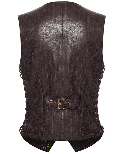 PR-WY-1935MJM-COM Mens Vintage Steampunk Asymmetric Lacing Waistcoat Vest - Brown Pinstripe
