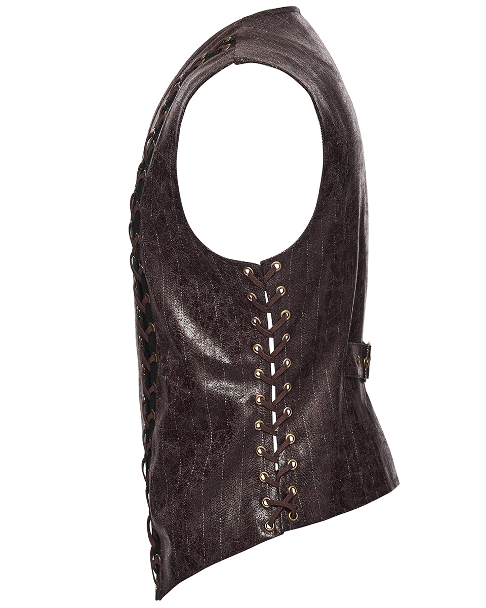 PR-WY-1935MJM-COM Mens Vintage Steampunk Asymmetric Lacing Waistcoat Vest - Brown Pinstripe