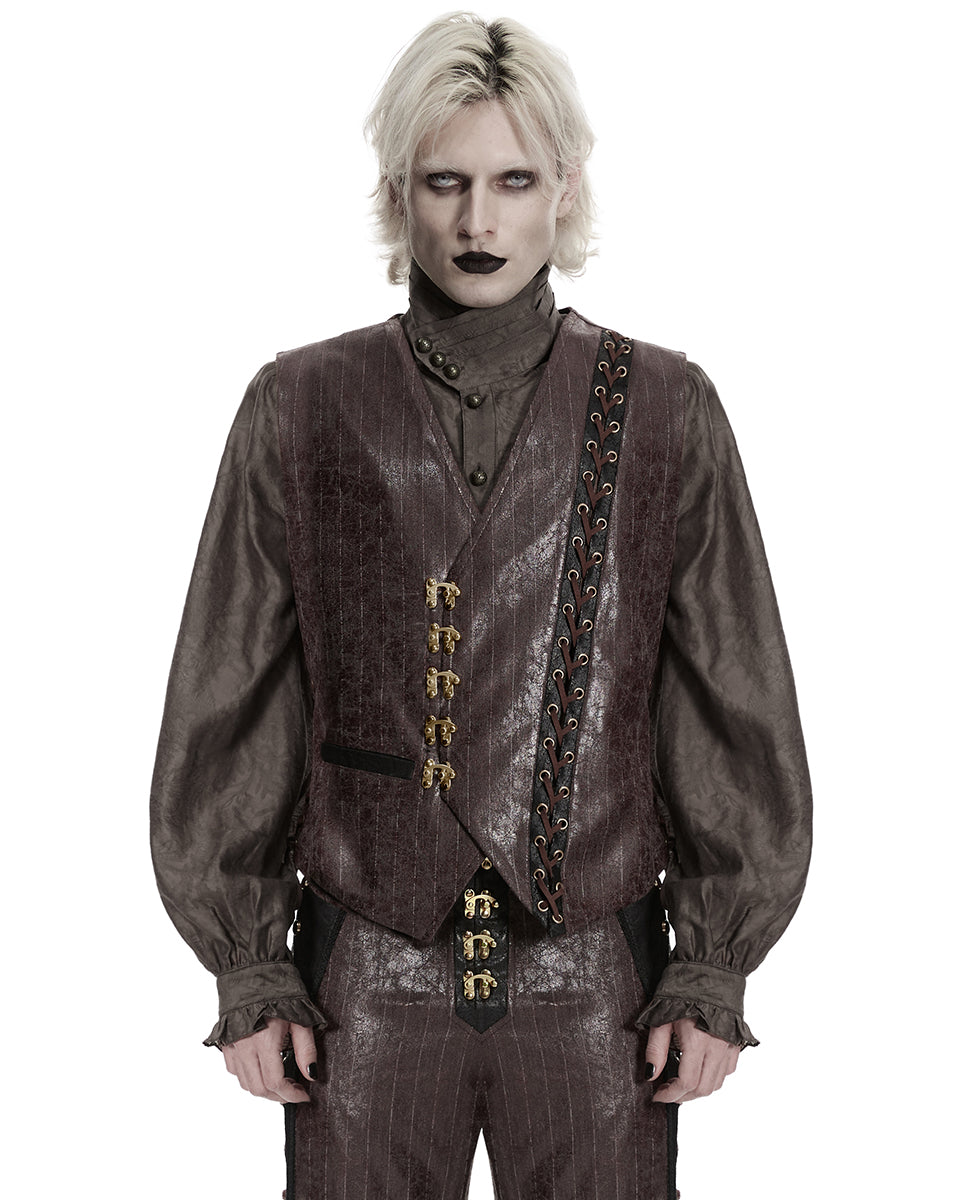 PR-WY-1935MJM-COM Mens Vintage Steampunk Asymmetric Lacing Waistcoat Vest - Brown Pinstripe