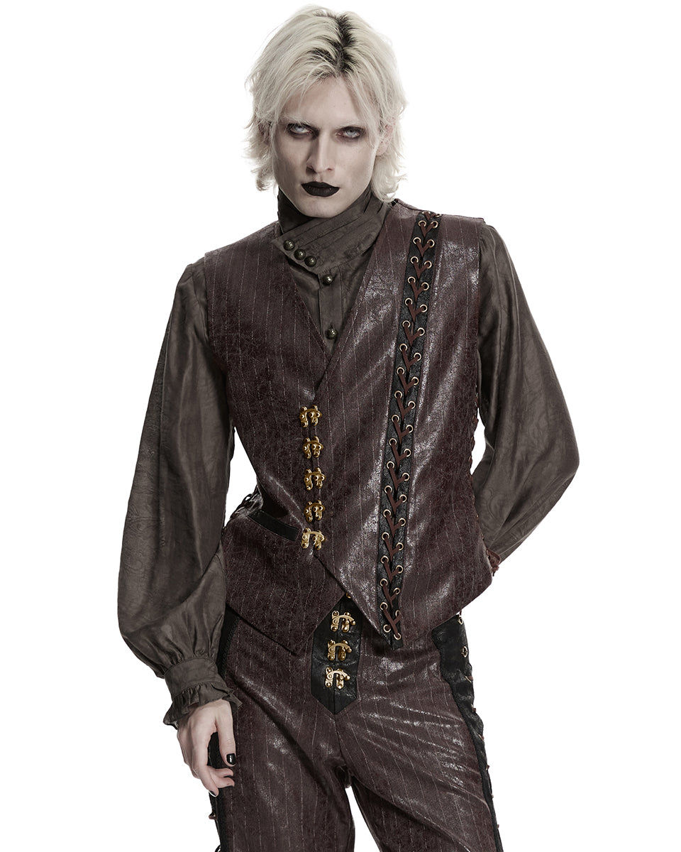PR-WY-1935MJM-COM Mens Vintage Steampunk Asymmetric Lacing Waistcoat Vest - Brown Pinstripe