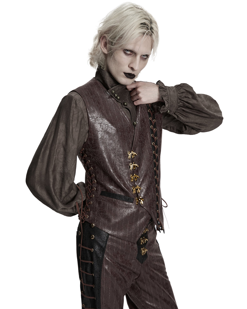 PR-WY-1935MJM-COM Mens Vintage Steampunk Asymmetric Lacing Waistcoat Vest - Brown Pinstripe