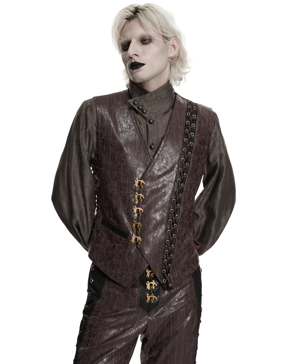 PR-WY-1935MJM-COM Mens Vintage Steampunk Asymmetric Lacing Waistcoat Vest - Brown Pinstripe