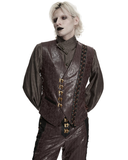PR-WY-1935MJM-COM Mens Vintage Steampunk Asymmetric Lacing Waistcoat Vest - Brown Pinstripe