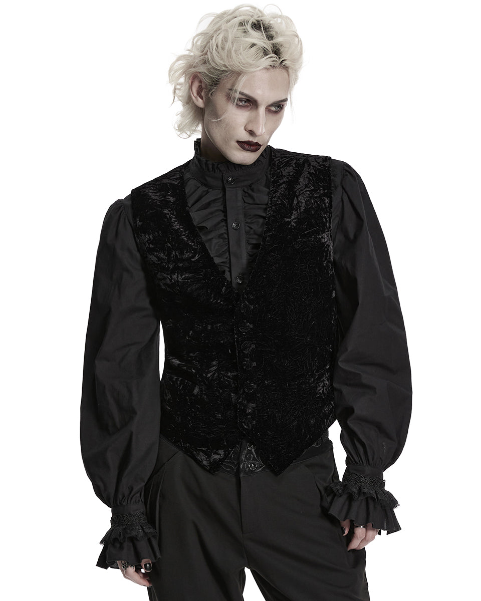 PR-WY-1958MJM-BKM Mens Gothic Aristocrat Wrinkled Velvet Waistcoat Vest - Black