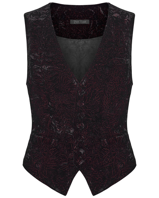 PR-WY-1958MJM-BKRDM Mens Gothic Aristocrat Wrinkled Velvet Waistcoat Vest - Red & Black