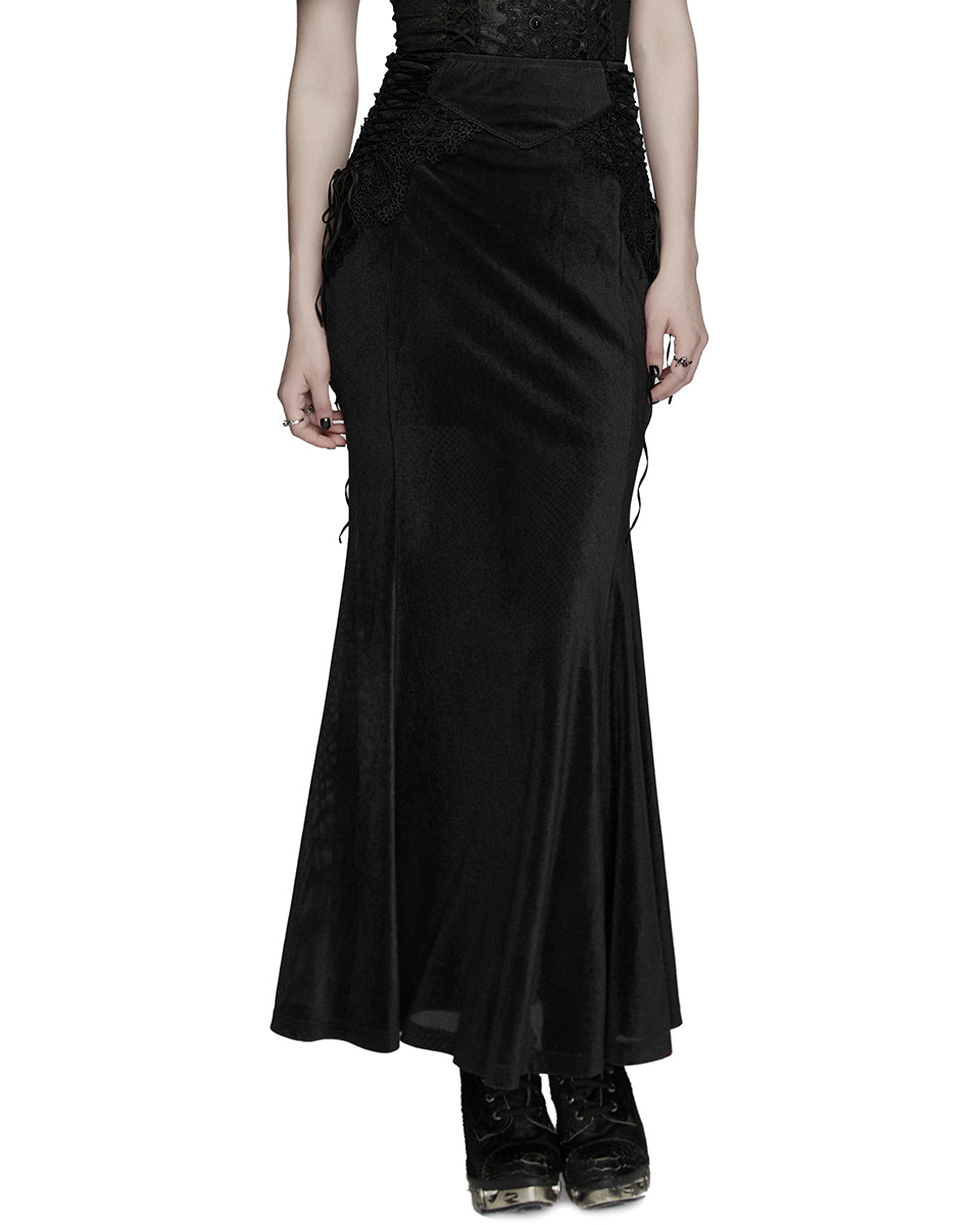 PR-WQ-929BQF-BKF Womens Long Gothic Velvet & Lace Applique Maxi Skirt
